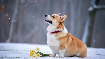 Corgi dog cute puppy winter snow flowers portrait happy pet animal breed