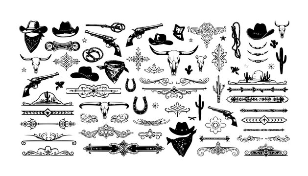 A large collection of old western design elements, embellishment, borders and divider lines.
