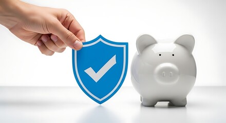 Financial Protection Hand Holding Shield Over Piggy Bank - Secure Savings and Investments