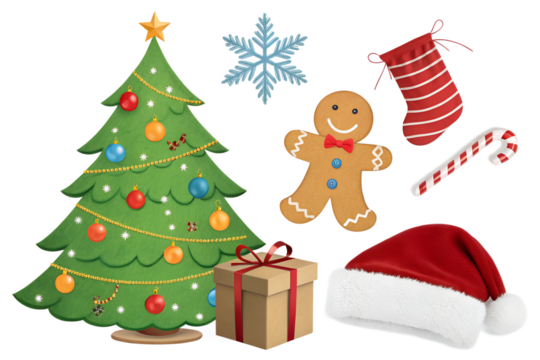 Festive christmas tree with ornaments gingerbread man candy cane santa hat and gift box on black background