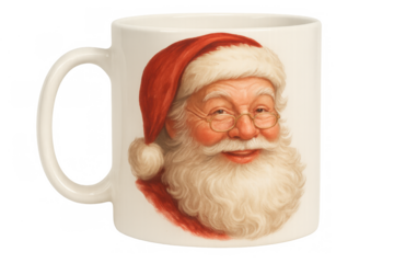Christmas santa claus mug displaying cheerful vintage portrait, festive holiday drinkware, transparent background