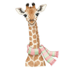 Whimsical Watercolor Giraffe Adorned With A Cozy Striped Scarf Against A Transparent Background