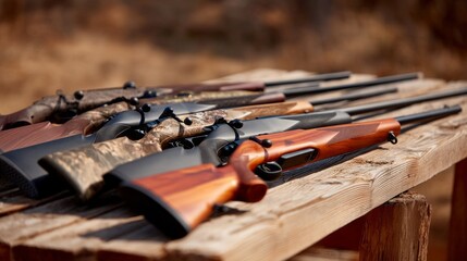 A stunning collection of hunting rifles showcases various designs and finishes, resting on a sturdy wooden table in a tranquil outdoor setting. Nature adds a serene backdrop to this display