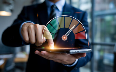 Businessman pointing at a performance gauge on a smartphone screen