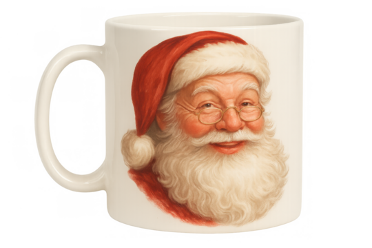 Christmas santa claus mug displaying cheerful vintage portrait, festive holiday drinkware, transparent background