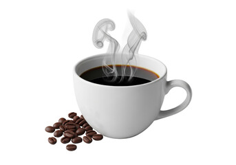 Obraz premium Glossy white porcelain coffee mug, dark black coffee, soft grey steam rising, roasted beans beside, on a transparent background. Concept of inviting coffee quality