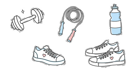 Playful hand-drawn doodle set of fitness essentials dumbbell, jump rope, water bottle, and sneakers. Ideal for active lifestyle illustrations, workout concepts, and healthy habits
