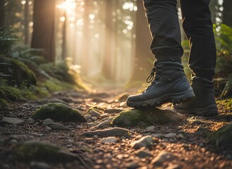 Close-up view of a person wearing hiking boots walking on a rocky forest trail. Concept of outdoor adventure, trekking, and nature exploration. Morning sunlight adds a warm and natural atmospher