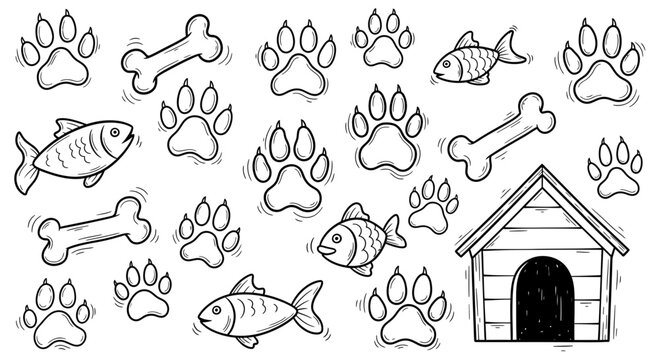 Charming Sketch Style Pet Accessories Pattern A Whimsical Collection of Dog Bones, Paw Prints, Fish Treats, and a Homey Dog House Design
