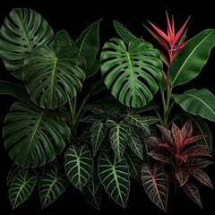Aesthetic Background of Lush Tropical Greenery and Exotic Red Flower