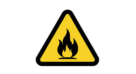 Bright yellow triangular warning sign with a bold black flame icon, clearly indicating fire hazard and flammable material risks, urging immediate safety awareness and caution