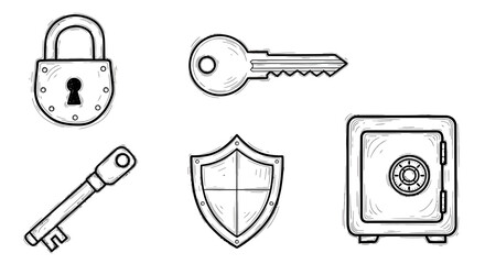 Whisk" inspired hand-drawn security and protection symbols including padlocks, keys, shields, and safes, rendered in a charming sketch style for digital and print design needs