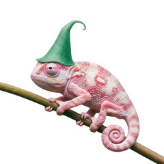 Charming Chameleon Wearing A Whimsical Green Fairy Hat On A Branch