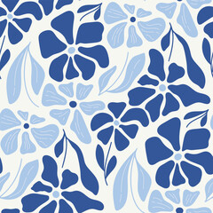 Fototapeta premium Vector seamless floral pattern with blue petunia flowers and leaves, hand drawn retro botanical design for textile, wallpaper, and packaging