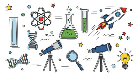 Line art vector illustration of scientific elements. Atom, DNA, lab equipment, rocket, telescopes shown for education, research, and discovery. Clean, modern graphic design