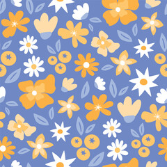 Vector seamless floral pattern with yellow daisies and small white blossoms on blue background, hand drawn decorative design for fabric and wallpaper