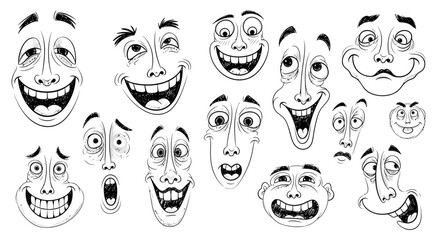 Diverse collection of humorous cartoon faces with exaggerated expressions, showcasing a wide range of funny emotions and whimsical character designs in black and white line art
