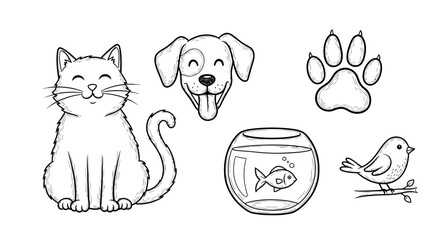 Adorable collection of hand-drawn line art pets, including a contented cat, cheerful dog, a playful fish, and a singing bird, bringing joy and warmth to any design project