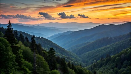 Beautiful Mountain Range at Sunset with Layers of Hazy Summits and Evergreen Trees