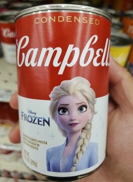 Delaware, U.S.A - Oct 29, 2025 - A close-up of a can of Campbell's Condensed Soup featuring a Disney Frozen theme, showing the character Elsa.