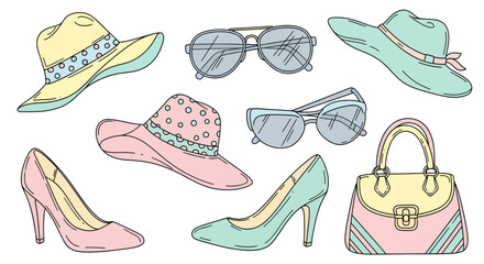 Elegant collection of women's stylish summer fashion accessories, including pastel hats, trendy sunglasses, chic high heels, and a fashionable handbag, designed for versatile and glamorous outfits