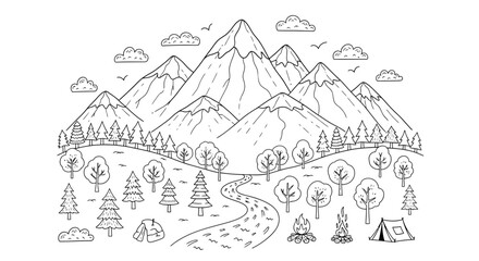 Captivating Line Art Illustration of Majestic Mountains, a Flowing River, and a Peaceful Forest Scene with Camping Gear, Inviting Outdoor Exploration and Wilderness Adventure