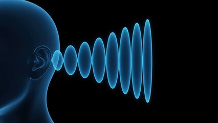A blue ear silhouette with glowing waves on a black background symbolizing digital sound, hearing problems, hearing aid