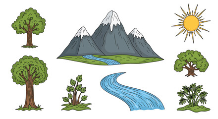 Vibrant collection of hand-drawn nature elements, featuring majestic mountains, a winding river, various trees, bushes, and a radiant sun, perfect for landscape illustration