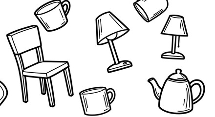 Playful hand-drawn doodle pattern featuring a collection of essential household items like chairs, cups, and lamps, rendered in a charming outline sketch style for creative design
