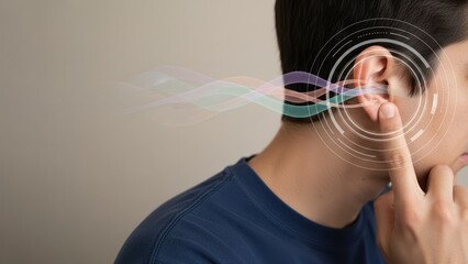A man touching a ear with colorful waves and circular interface symbolizing hearing problems and hearing aid detection