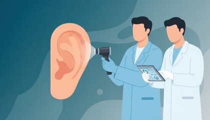 The doctors examining ear with digital tools symbolizing hearing problems, medical check, and hearing aid diagnosis