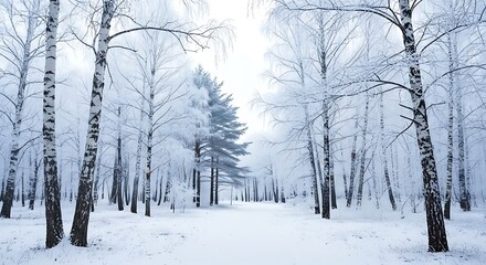 Serene Winter Wonderland Pathway Through a Frost-Kissed Forest, Featuring Snow-Covered Trees and a Tranquil Atmosphere, Ideal as an Aesthetic Background for Seasonal Themes