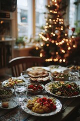 A Festive Table Spread with Various Dishes and Holiday Decorations in a Cozy Setting with Twinkling Lights