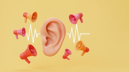 A realistic ear with megaphones and soundwave showing communication, hearing problems, and hearing aid awareness