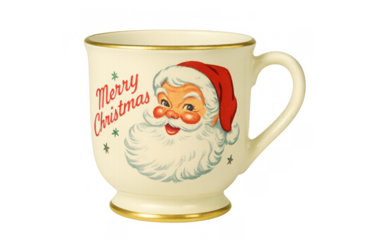 Vintage santa claus christmas mug with merry christmas text, festive holiday concept, transparent background