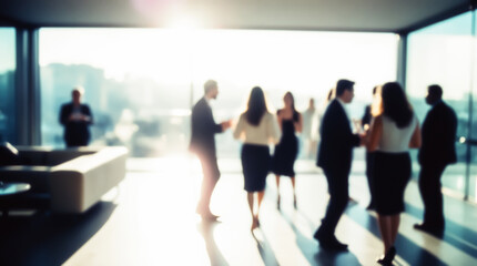 Blurred image of a business event or corporate party, focused on the silhouettes of people socializing in a modern room with large windows at sunset