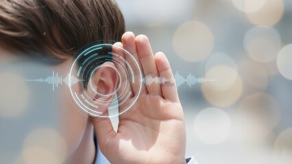 A man cupping ear with glowing waves symbolizing listening, hearing problems, and hearing aid sensitivity