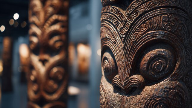 Close-up of intricately carved wooden poles, likely Maori carvings, exhibiting complex patterns and deep relief.  Other similar carvings are visible in the 
