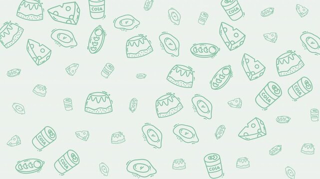 Food pattern doodle with whimsical food and soda doodles. Perfect for packaging design, stationery, and kitchenthemed projects. Fun and quirky.