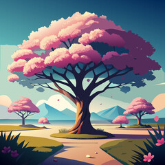 Geometric cherry blossom tree bushy canopy vector illustration scalable nature art