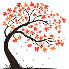 Artistic vector illustration of a curved maple tree with falling autumn leaves in vibrant colors