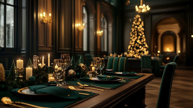 Elegant christmas dinner table setting with candles and christmas tree in a luxurious restaurant