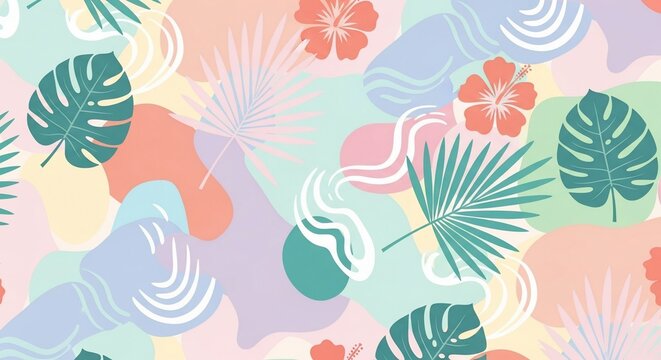 Tropical Leaves and Flowers Seamless Pattern Background. - Powered by Adobe