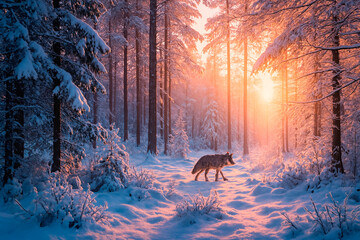 winter sunrise in the forest with wolf 