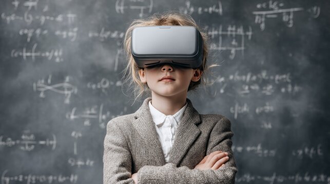 A schoolgirl dons a virtual reality headset, lost in an exciting digital landscape - Powered by Adobe