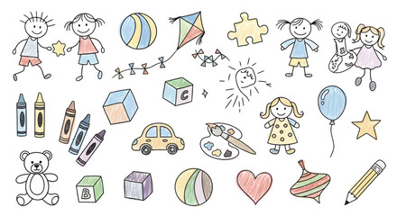 Whimsical collection of hand-drawn childhood doodles and playful toys, a vibrant assortment for kids' creative projects, educational activities, and fun designs