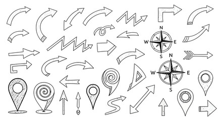 Dynamic Hand-Drawn Sketch Arrows, Navigation Pins, and Compass Symbols Collection for Creative Direction and Informational Graphics Design Elements