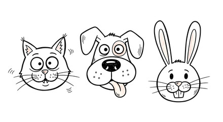 Charming hand-drawn cartoon animal portraits a cheerful cat with prominent whiskers, a playful dog, and an endearing rabbit, all presented as versatile vector illustrations for kids' designs