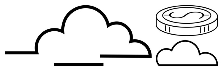 Minimalist outline of large and small clouds paired with a coin overhead. Ideal for technology, cloud storage, online services, finance, savings, innovation, and investments. Simple flat metaphor