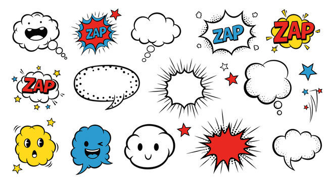 Dynamic collection of comic book style speech bubbles, thought clouds, and explosion sound effects, ideal for pop art designs and creative cartoon illustrations